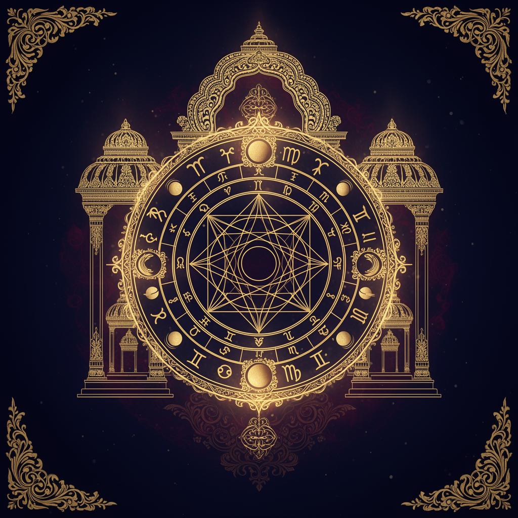 Sacred Vedic yantra with zodiac symbols and temple architecture